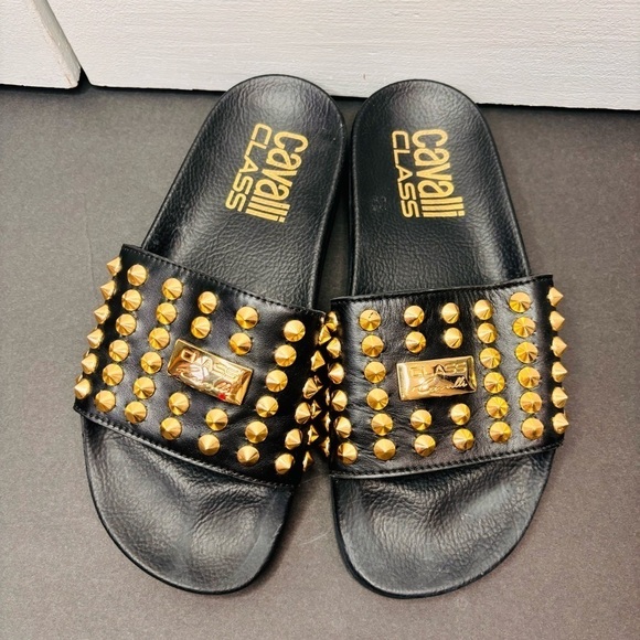 CAVALLI CLASS Black Studded Leather Slides Size 7 - Picture 3 of 7